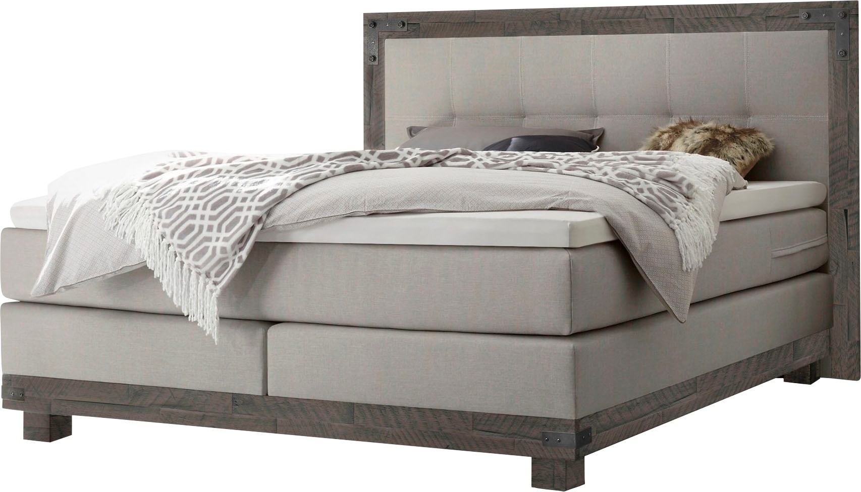 Boxspringbett Chicago, inkl. Topper, Kopfteilrahmen und Füsse aus massiver akazie Test & Preisvergleich