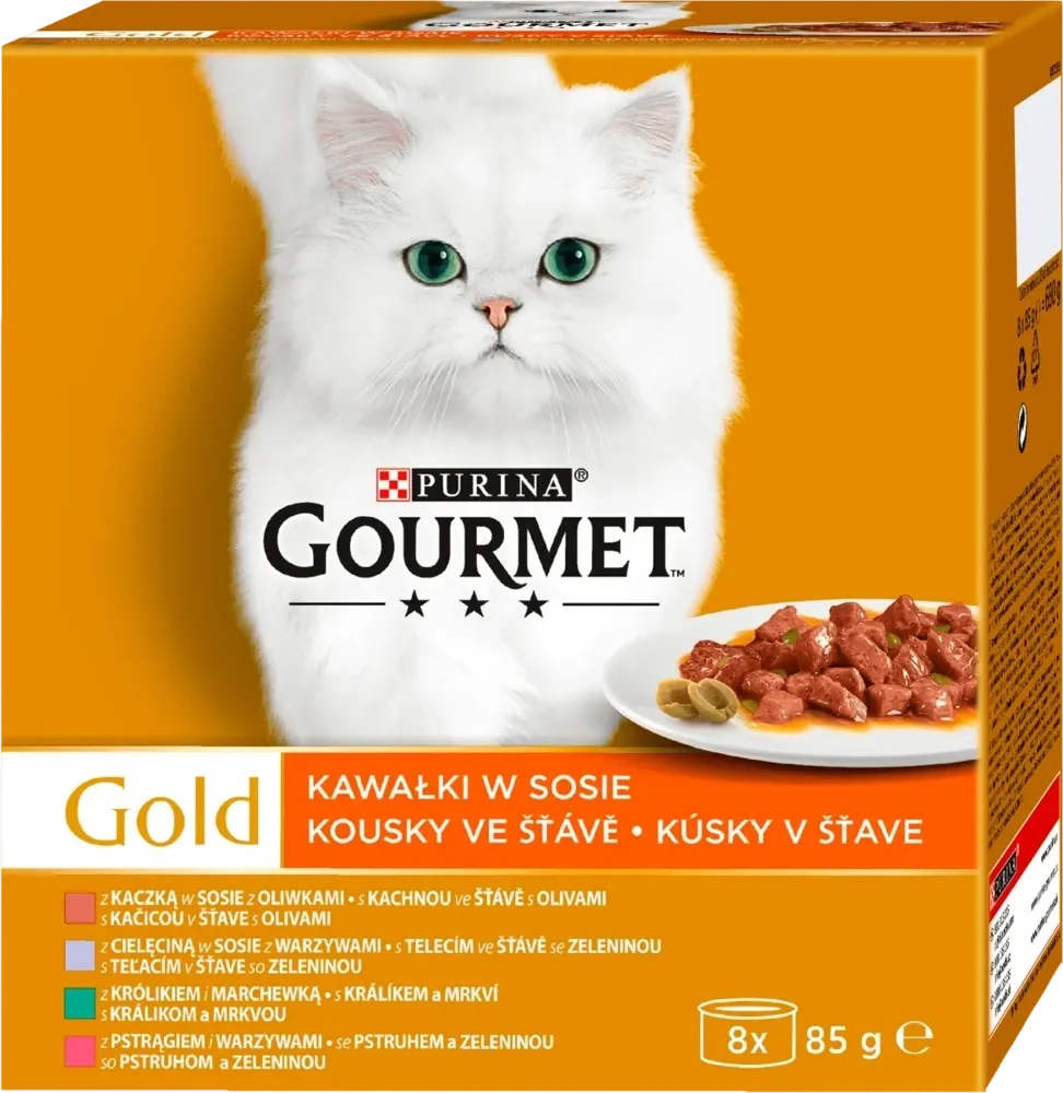 Purina Gourmet Gold Stücke in Sauce Mix (Ente, Forelle, Kaninchen, Kalbfleisch) 8x85g (Rabatt für Stammkunden 3%)