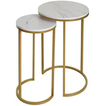 Mendler 2er-Set Beistelltisch HWC-K46, Kaffeetisch Nachttisch Loungetisch, Marmor-Optik MDF ~ weiß-gold