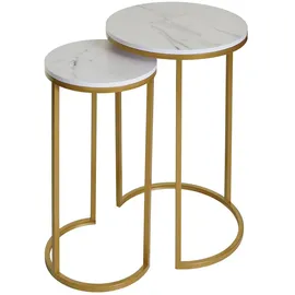Mendler 2er-Set Beistelltisch HWC-K46, Kaffeetisch Nachttisch Loungetisch, Marmor-Optik MDF ~ weiß-gold