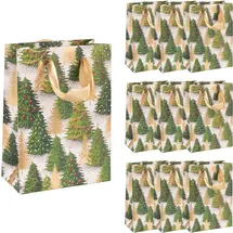 IDENA 90396 - Geschenktaschen Tannenbaum, 10 Stück in Grün-Gold, Papiertüten in der Größe 16 x 11,5 x 6 cm, Geschenktüten für Weihnachten