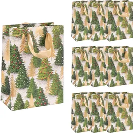 IDENA 90396 - Geschenktaschen Tannenbaum, 10 Stück in Grün-Gold, Papiertüten in der Größe 16 x 11,5 x 6 cm, Geschenktüten für Weihnachten