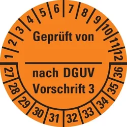 Dreifke® Prüfplakette Geprüft DGUV Vorschrift 3,27-36,orange,Folie,ablösbar,Ø 25mm,500/Rolle