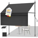 Klemmmarkise mit Einstellbare Handkurbel, Balkonmarkise ohne Bohren mit 90 cm Seiten-gewebe, Markise Sonnenschutz, UV-beständig & höhenverstellbar für Outdoor, Terrasse, Garten, Dunkelgrau, 150x125 cm