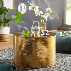 Kadima Design Orient Couchtisch `Enns`: Hammerschlag-Aluminium, 61 cm Durchmesser. Gold, 61x61x40 cm