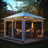 arvioo Gartenpavillon 3x3m, Gartenkomfort Deluxe, Pop Up Pavillon mit 4 Moskitoseitenwänden & Belüftungslöcher, Windschutz UV-Schutz, 3-Stufen Höhenverstellbar, aus Metall & 210D Oxford-Gewebe (Weiß)