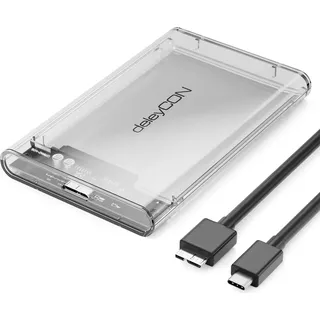 deleyCON USB-C Festplattengehäuse 2,5 Zoll - USB 3.1 Externes Festplatten Gehäuse für 2,5" (6,35 cm) SATA HDD Festplatte / SSD 7 mm bis 9,5 mm - Werkzeugfreie Montage - Transparent