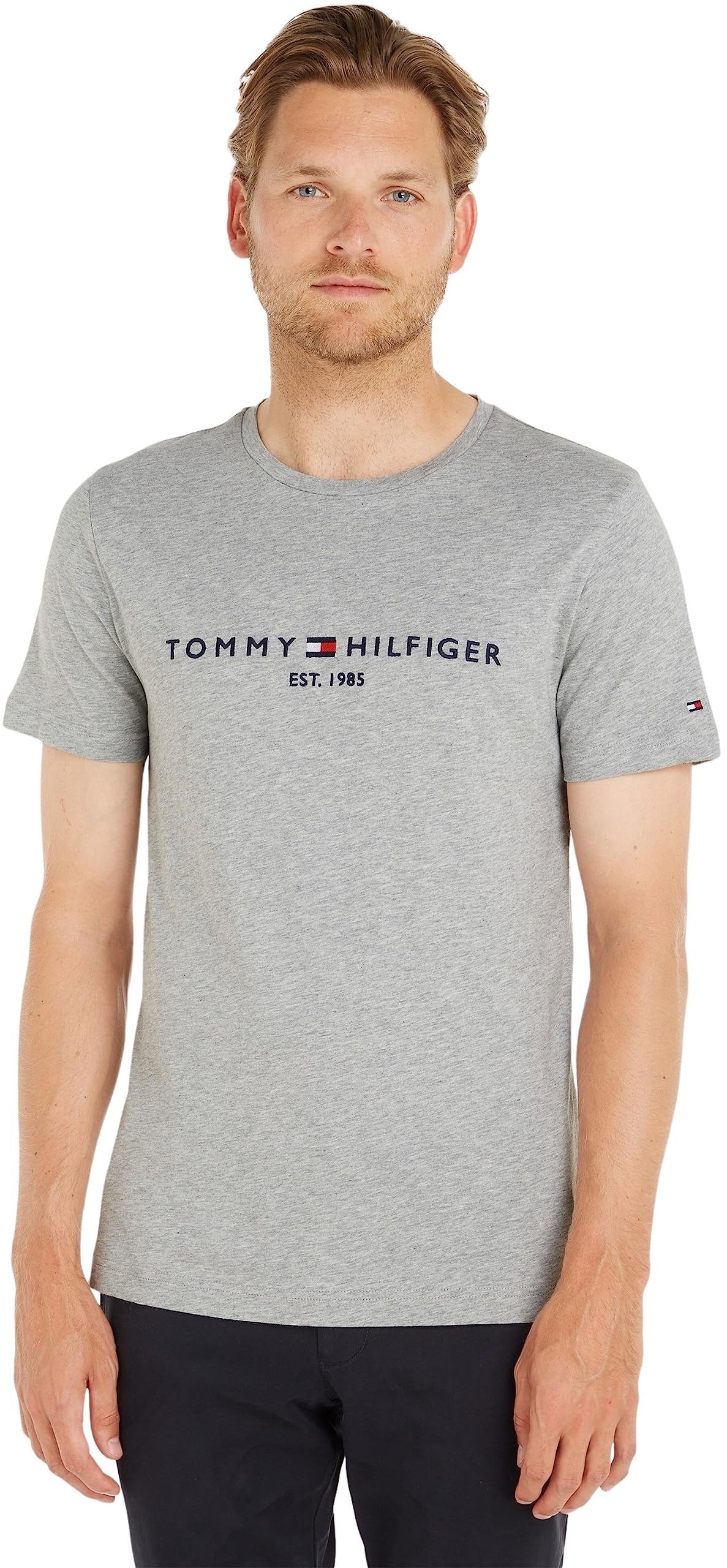 Tommy Hilfiger Herren T-Shirt Kurzarm Core Tommy Logo Rundhalsausschnitt, Grau (Cloud Heather), L