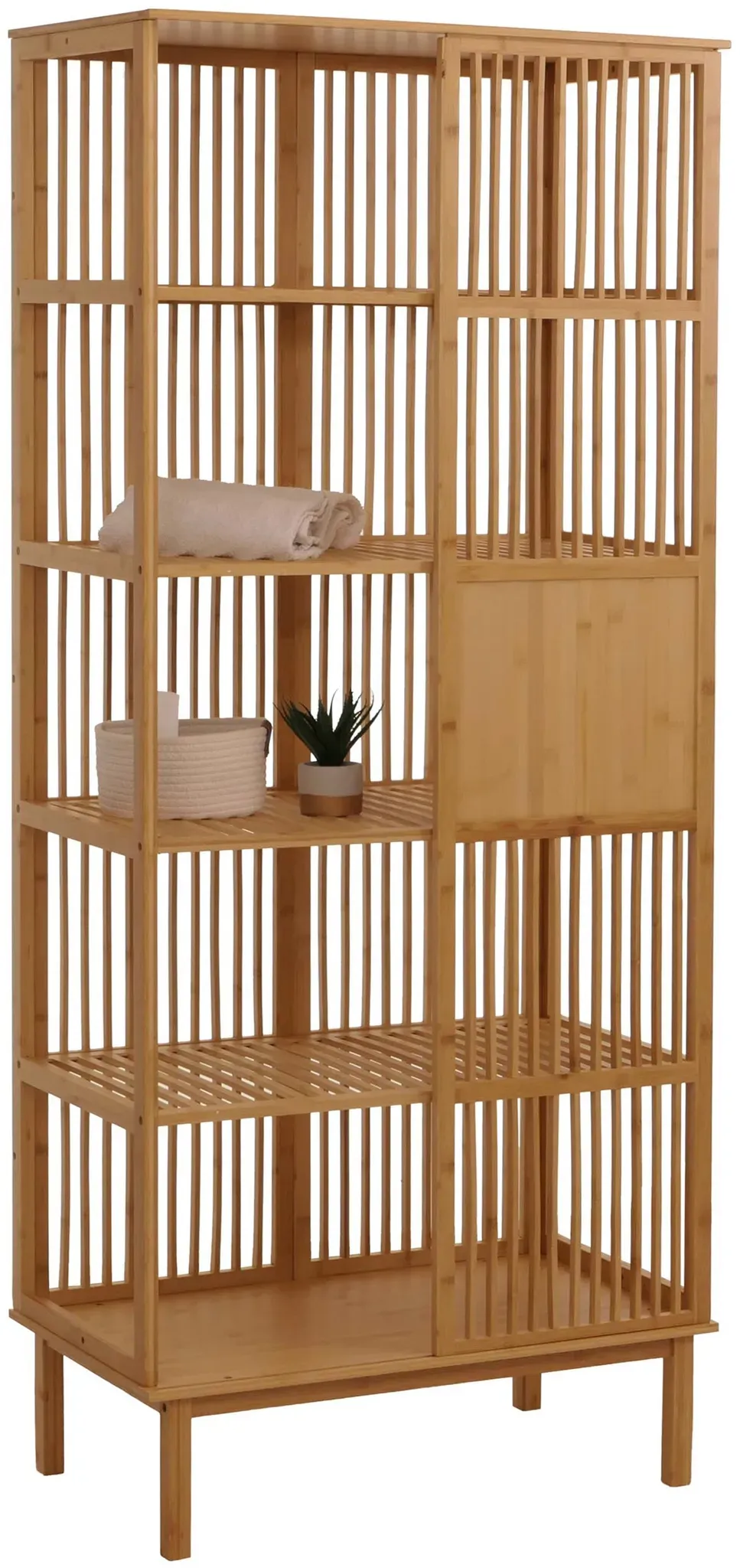 Bambus Standregal HWC-N81, Badezimmerschrank Badschrank Badregal Kommode, 5 Regalböden Schiebetür FSC® 186x80x45cm