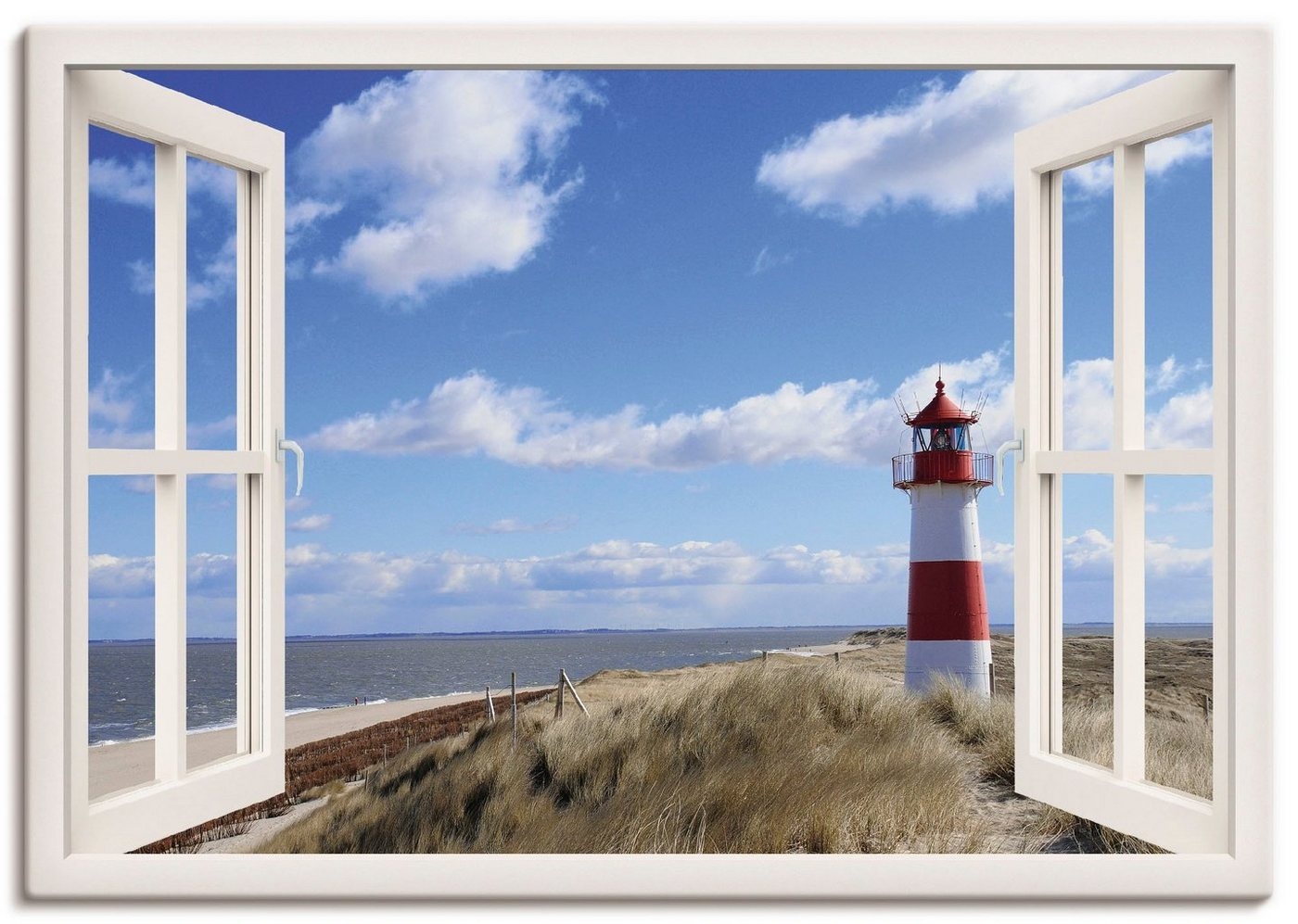 Artland Wandbild Fensterblick - Leuchtturm Sylt, Fensterblick (1 St), als Leinwandbild, Poster, Wandaufkleber in verschied. Größen weiß 70 cm x 50 cm