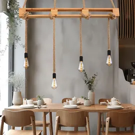 GLOBO Hängeleuchte Holz Esszimmerleuchte Balken Hängelampe Holzleuchte Hanfseil, natur, 4x E27 Fassungen, LxBxH 120x10x120cm