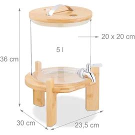 Relaxdays Getränkespender, 5 Liter, Kalt- & Heißgetränke, Bambus-Ständer, Thermometer, Bowle-Gefäß, transparent/ natur