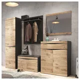 Lomadox Garderoben-Set SUNBURY-129, (Spar-Set, 5-St), Flurschrank, Kommode, Bank, Spiegel, Garderobenpaneel anthrazit, Eiche grau