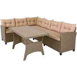 CASARIA Polyrattan Ecklounge Set WPC Esstisch Ecksofa 2 Gartenstühle Sitzauflagen Kissen Wetterfest Outdoor Lounge Garten Terrasse Balkon Möbel