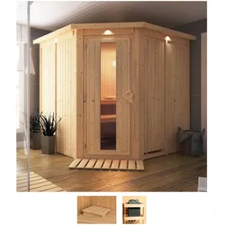 Sauna KARIBU "Jarin", beige (naturbelassen), ohne Ofen, (ohne Ofen), Saunen, ohne Ofen