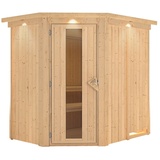 Woodfeeling Karibu Sauna Saja - 68 mm Systemsauna - 230 Volt Plug & Play-Ohne Ofen-Inkl. Dachkranz- Energiesparende Saunatür inkl. 8-teiligem gratis Zubehörpaket (Gesamtwert 191,92€)