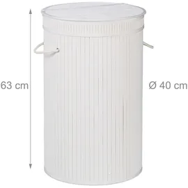 Relaxdays Wäschekorb Bambus, runder Wäschesammler mit Klappdeckel, 65 l, Faltbare Wäschetonne, groß, rund Ø 40 cm, weiß