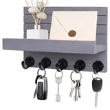 Kldgris Schlüsselbrett mit Ablage, Dekoratives Holz Wandregal, Schlüsselbrett Holz, mit 5 Schlüsselhaken, für Eingang, Flur, Schlafzimmer, Wohnzimmer (Vintage-Grau)