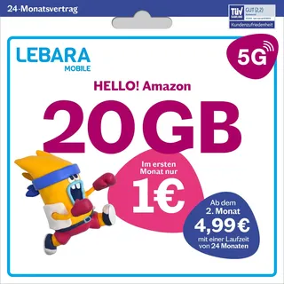 LEBARA Handytarif Hello! 20 | 20 GB Datenvolumen | 5G | 4,99€ mtl. | Allnet-Flat | 50 Auslandsminuten | Inkl. SIM-Karte