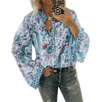 ORANDESIGNE Damen Vintage Bohemian Blusen Hippie Blumen Bluse Boho Tunika Elegante Oberteile Tops Langarm Shirt A Blau M - M