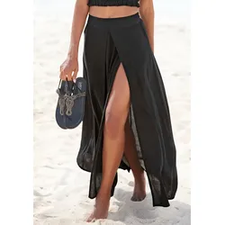 Maxirock LASCANA, Damen, Gr. 40, schwarz, Cru00eape, Obermaterial: 100% Viskose, unifarben, modisch, figurumspielend knöchellang, Röcke, mit besonderem Schnitt, langer Rock mit Beinschlitz, Strandrock
