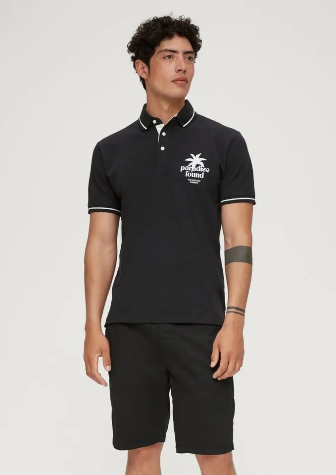 s.Oliver Kurzarmshirt Poloshirt aus Baumwoll-Piqué Kontrast-Details, Stickerei schwarz Ss.Oliver