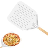 Accmuzzy Pizzaschieber, 12 Zoll Perforierter Pizzaschaufel aus Aluminium, Pizza Schaufel mit Holzgriff, Hitzebeständiger Pizzawender, Leichten Gleiten auf Pizzastein, Perfekt für Haus- und Profiküchen