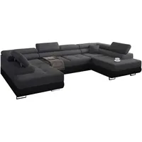 Ecksofa Miami U mit Schlaffunktion, Eckcouch mit Bettkasten, mit bettfunktion, Freistehendes Schlafsofa, 338 x 203 cm (Dunkelgrau + Schwarzer Kunstleder -EKO)