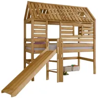 58 aufm Kessel Bettgestell Spielbett Gertrudis 208x186x222 Hochbett Massivholz Buche lackiert (inkl. Versand, inkl. Rolllattenrost), Kinderbett 90x200 mit Rutsche und Dachaufbau zum Spielen und Schlafen beige