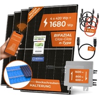 Solarway 1680W Balkonkraftwerk 1600W Komplett Steckdose - Ausgang einstellbar 600/800/1600W - 4x420W Bifaziale Glas/Glas n-Type JaSolar-Module, Wechselrichter mit APP&WiFi