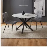 Homestyle4u Essgruppe rund 3-tlg. | Esstisch + 2 Leinen Polsterstühle grau | Homestyle4u