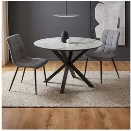 Homestyle4u Essgruppe rund 3-tlg. | Esstisch + 2 Leinen Polsterstühle grau | Homestyle4u