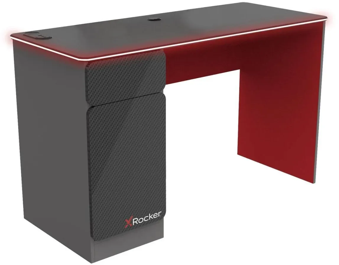 XRocker Carbon-Tek Gaming Schreibtisch mit LED-Beleuchtung & Wireless Charging Ladepad - grau/rot