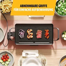 Tristar Slim M – Großzügige Backfläche von 46 x 26 cm – Antihaftbeschichtung – Abnehmbare Cool-Touch Griffe – Einstellbarer Thermostat – Leicht zu reinigen – BP-2667 Tischgrill Silber, Schwarz