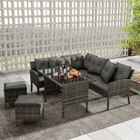 okwish Polyrattan Sitzgruppe Esstisch Lounge, Gartenlounge für 7 Personen mit Sofa, Tisch, Hocker & Kissen,abnehmbarer und waschbarer Stoffbezug- ... - Grau