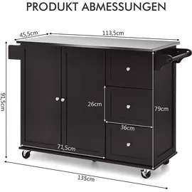 Costway Küchenwagen mit Arbeitsplatte aus Edelstahl, Kücheninsel mit 3 Schubladen & verstellbarer Ablage & Handtuchhalter, Mobiler Servierwagen, ... - Braun
