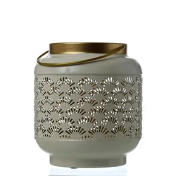 MARELIDA Windlicht Fächer Muster Metall Henkel Laterne Kerzenhalter H: 20cm creme