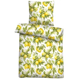 biberna Renforce-Bettwäsche ZITRONE, Weiß - Gelb - Grün - 135 x 200 cm - mit Reißverschluss