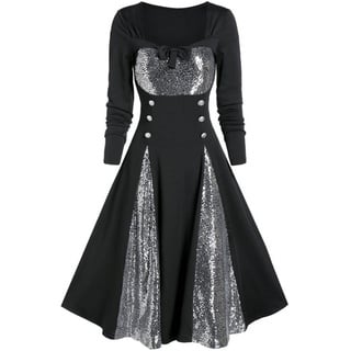 Galaxy Starry Sky Kleid Damen Langarm Spitze Panel Neck Big Swing Vintage Rockabilly Club Kleider Slim Partykleid mit hoher Taille