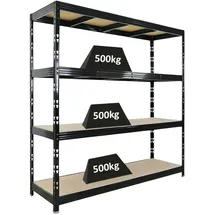 Proregal Schwerlastregal Rhino HxBxT 200x200x60cm 4 Spanplatten-Ebenen 8mm Fachlast 500kg Schwarz Metall, 200x200x60 cm, Freizeit, Heimwerken, Werkstatt, Schwerlastregale