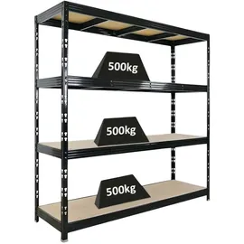 Proregal Schwerlastregal Rhino HxBxT 200x200x60cm 4 Spanplatten-Ebenen 8mm Fachlast 500kg Schwarz Metall, 200x200x60 cm, Freizeit, Heimwerken, Werkstatt, Schwerlastregale