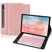 IVEOPPE Samsung Galaxy Tab S8 Ultra 14,6 Zoll 2022 Hülle mit Tastatur - QWERTZ Deutsch Layout Bluetooth Hintergrundbeleuchtung Abnehmbare Tastatur für Samsung Galaxy Tab X900/X906,Rose