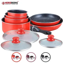 HERZBERG HG-5000: 10-Teiliges Kochgeschirrset mit Marmorbeschichtung schwarz - Schwarz