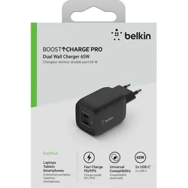 Belkin BoostCharge Pro USB-C-GaN-Ladegerät mit zwei Anschlüssen und PPS (65W) (WCH013vfBK)
