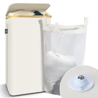 VOUNOT Wäschekorb mit Deckel 100L, Faltbarer Wäschesammler mit Herausnehmbar Wäschesäcke, Laundry Baskets Wäschebox Schmal, Beige