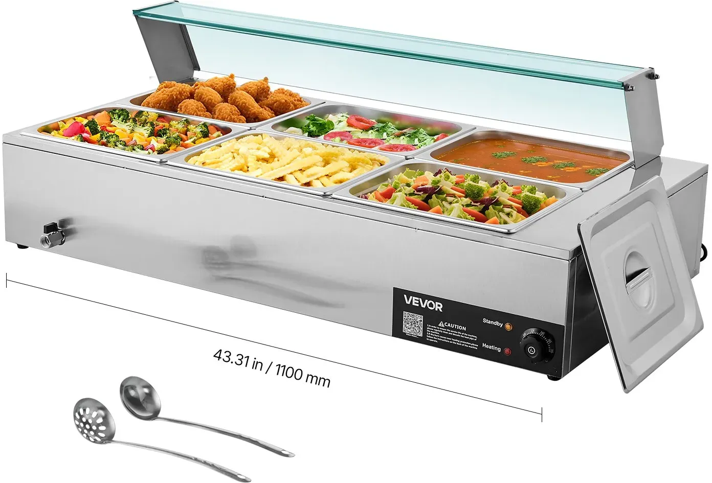 VEVOR kommerzieller Speisenwärmer (6 x 1/2 Größe Behälter), 1,5 kW elektrischer Wärmebehälter aus Edelstahl mit Glasabdeckung & Suppenkelle, Chafing Dishes für Catering Restaurant Party