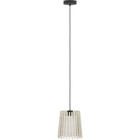 EGLO Hängelampe Fattoria, 1-flammige Pendelleuchte über Esstisch, Esszimmerlampe aus hellem Holz, Textil in Weiß und Metall in Schwarz, Hängeleuchte mit E27 Fassung, Ø 20 cm