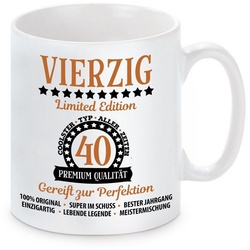 Herzbotschaft Tasse Kaffeebecher mit Motiv Vierzig – 40 – Limited Edition, Keramik, Kaffeetasse spülmaschinenfest und mikrowellengeeignet