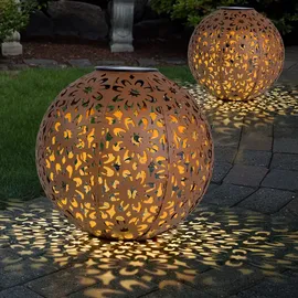 Expo Börse Solarlampe für Außen Kugel Solar Gartendeko Solarleuchte rost Erdspieß, Blumen Dekorstanzungen, Metall, LED warmweiß, D 20 cm, 2er Set