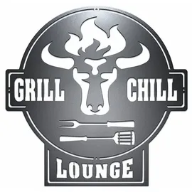 tuning-art GC01 Grill Schild | Bulle + Grill & Chill Lounge Gartenschild | Stahl Massiv | Schwarz